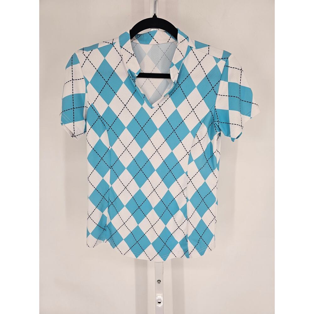 Obla Athletics Womens Sz S Short Sleeve Golf Shirt Blue White Argyle Diamonds